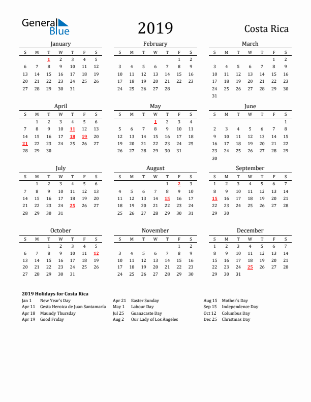 Costa Rica Holidays Calendar for 2019