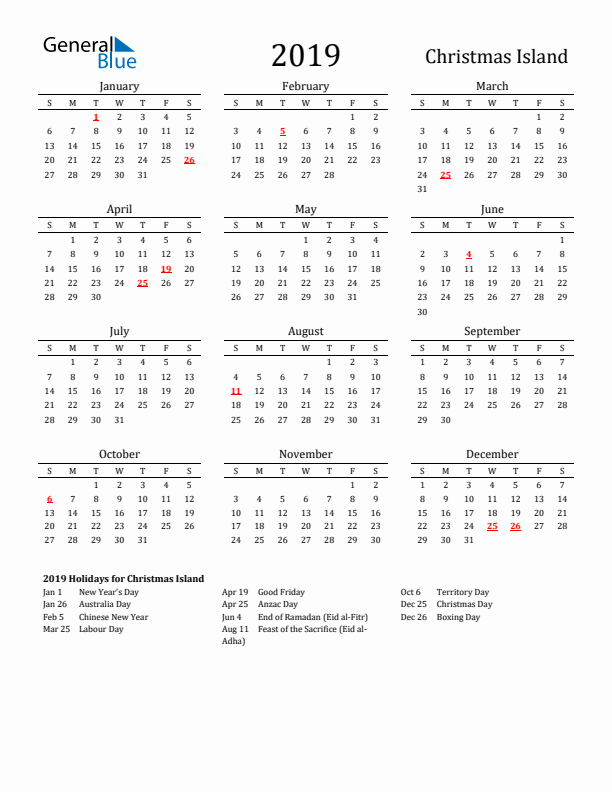 Christmas Island Holidays Calendar for 2019