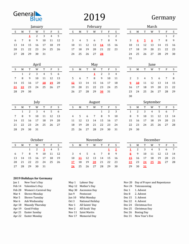 Germany Holidays Calendar for 2019