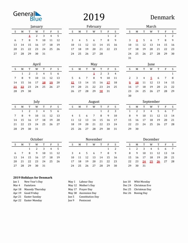 Denmark Holidays Calendar for 2019
