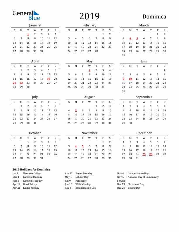 Dominica Holidays Calendar for 2019