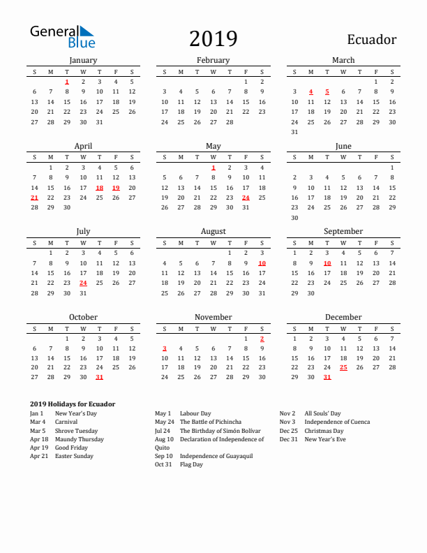 Ecuador Holidays Calendar for 2019