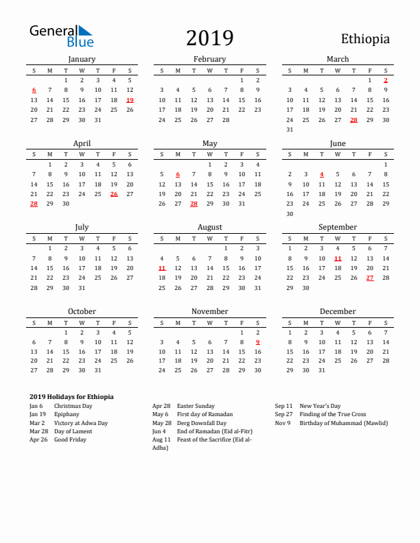 Ethiopia Holidays Calendar for 2019