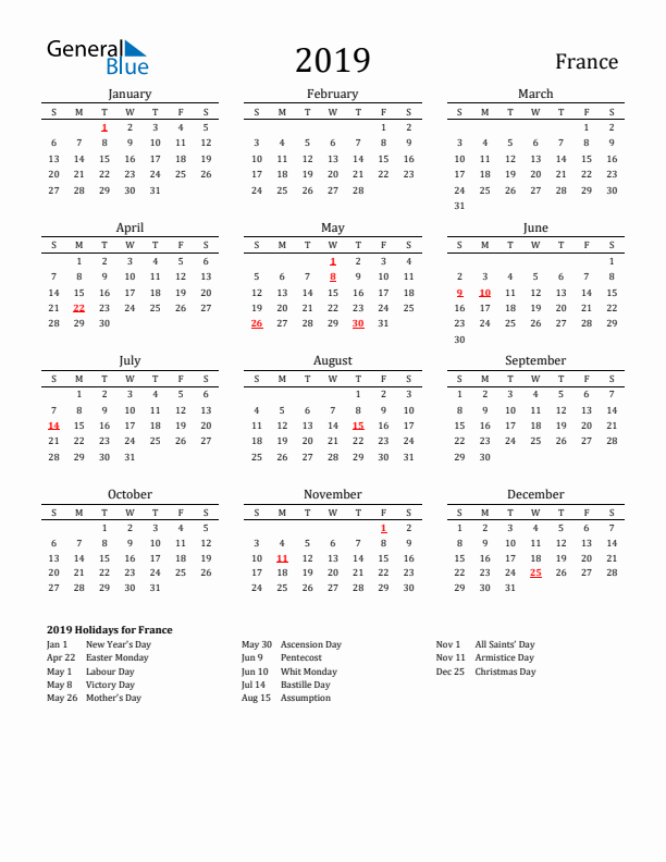France Holidays Calendar for 2019