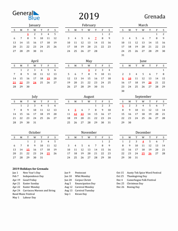 Grenada Holidays Calendar for 2019