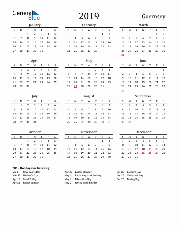 Guernsey Holidays Calendar for 2019
