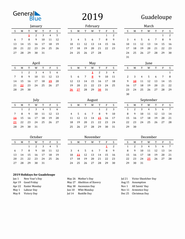 Guadeloupe Holidays Calendar for 2019