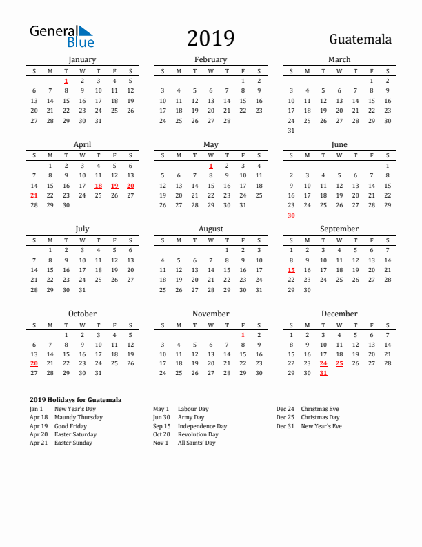 Guatemala Holidays Calendar for 2019