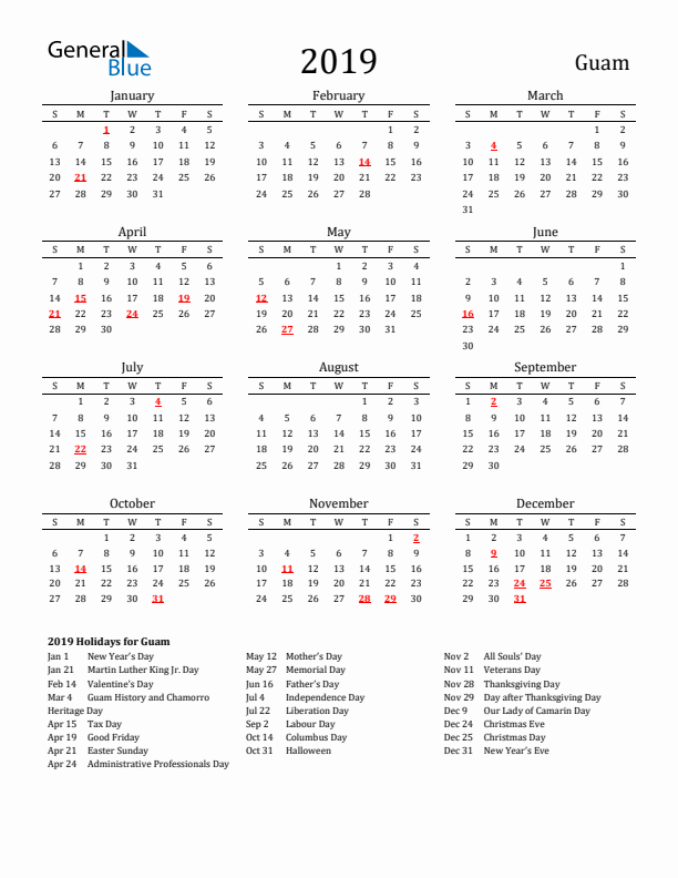 Guam Holidays Calendar for 2019