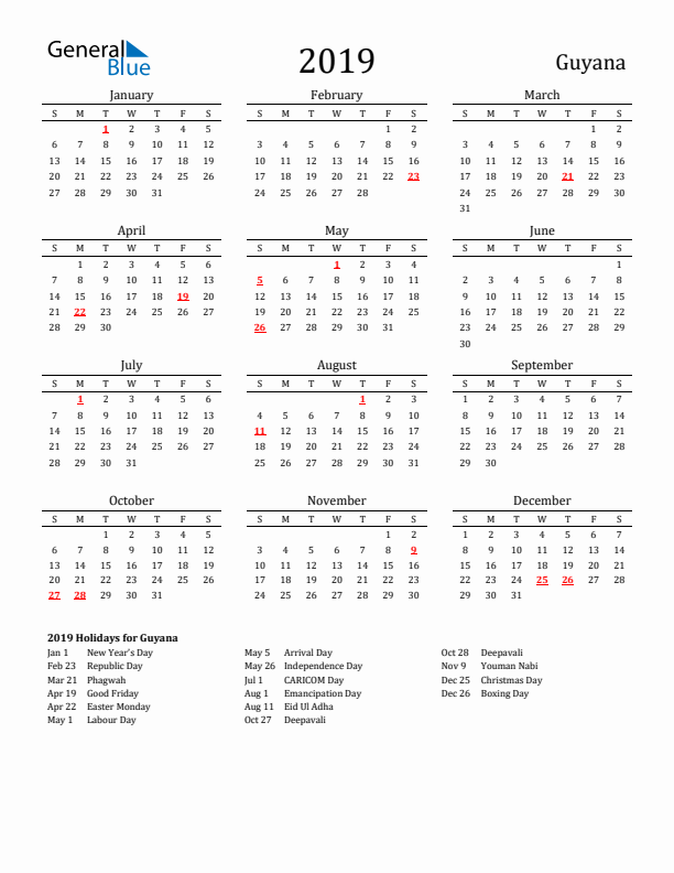 Guyana Holidays Calendar for 2019