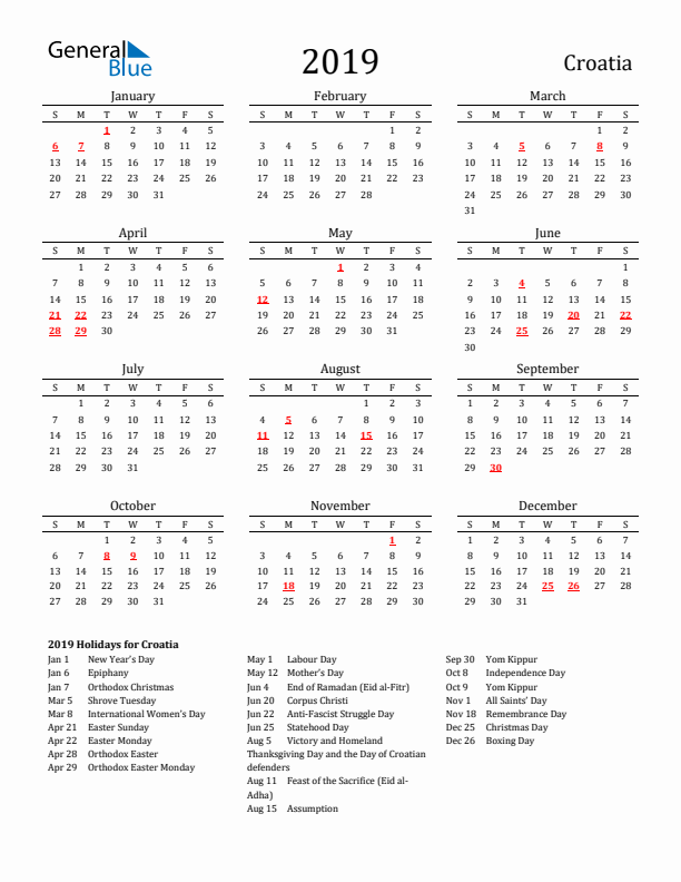 Croatia Holidays Calendar for 2019