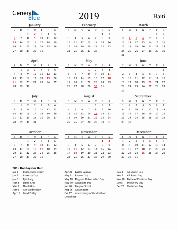 Haiti Holidays Calendar for 2019