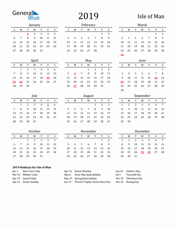 Isle of Man Holidays Calendar for 2019