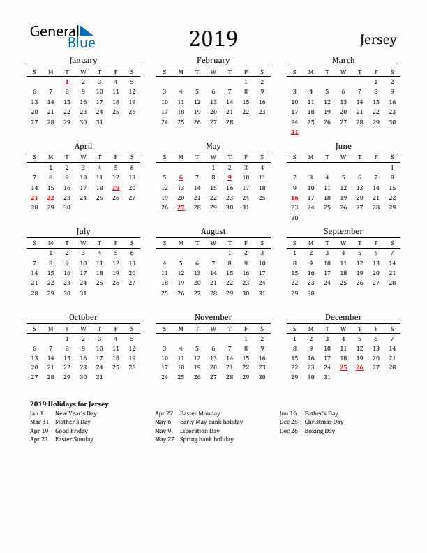 Jersey Holidays Calendar for 2019