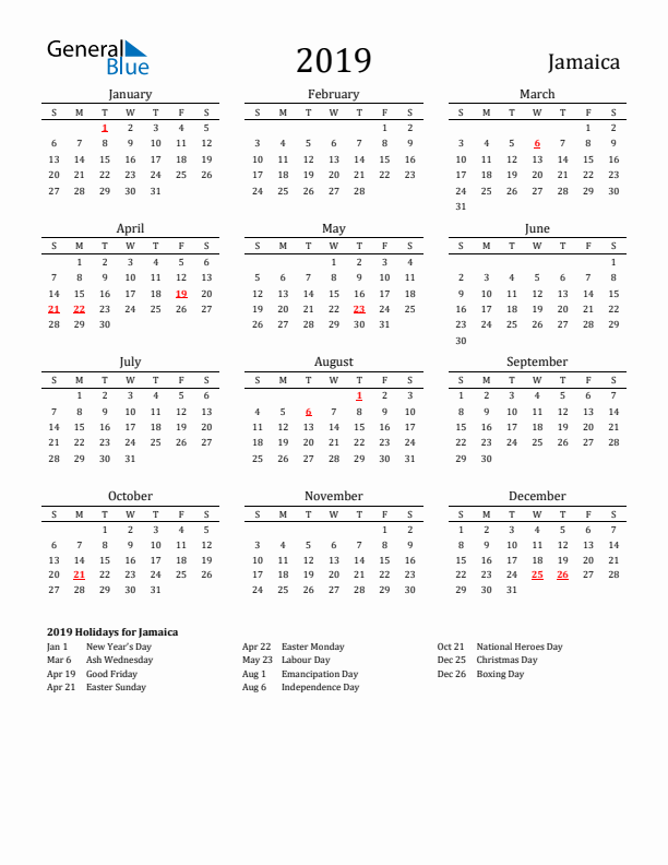 Jamaica Holidays Calendar for 2019