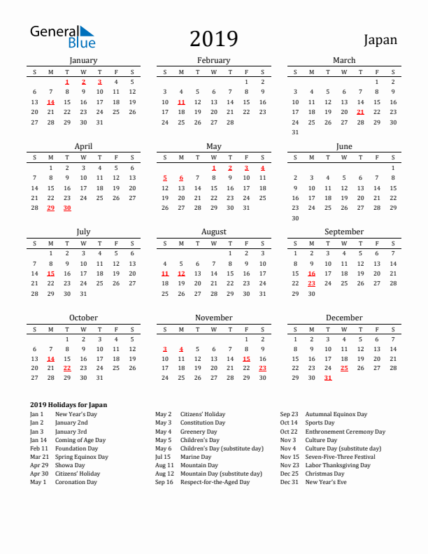 Japan Holidays Calendar for 2019