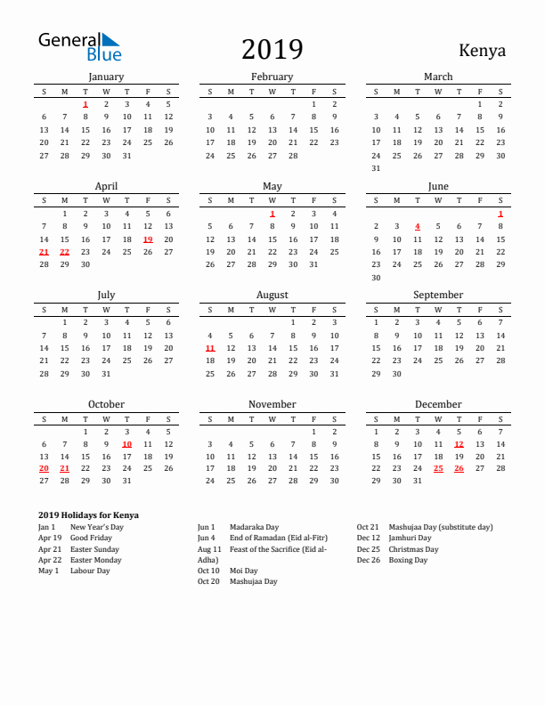 Kenya Holidays Calendar for 2019