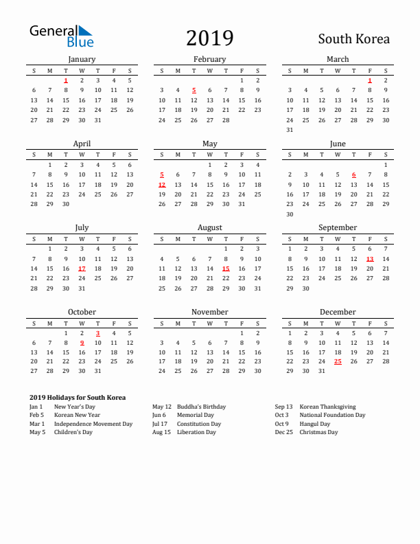 South Korea Holidays Calendar for 2019