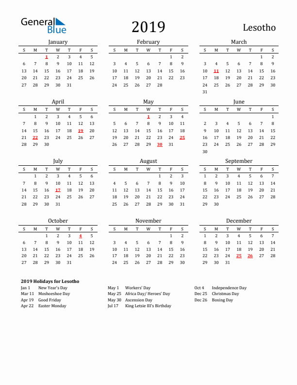Lesotho Holidays Calendar for 2019