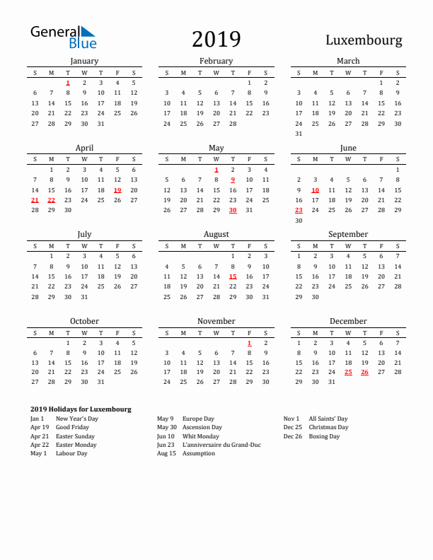 Luxembourg Holidays Calendar for 2019