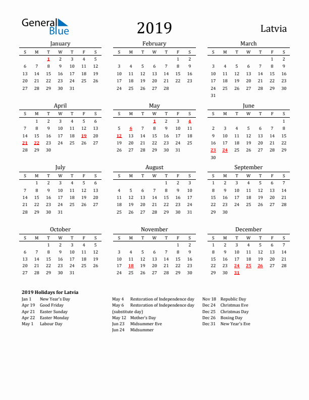 Latvia Holidays Calendar for 2019