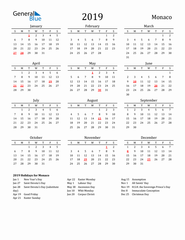Monaco Holidays Calendar for 2019