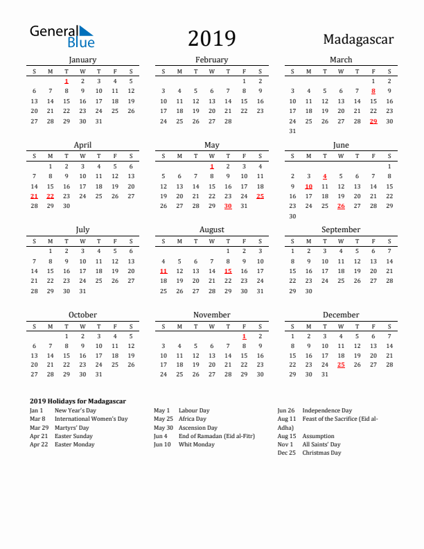 Madagascar Holidays Calendar for 2019