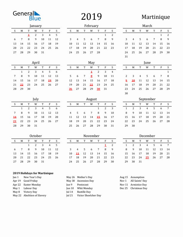 Martinique Holidays Calendar for 2019