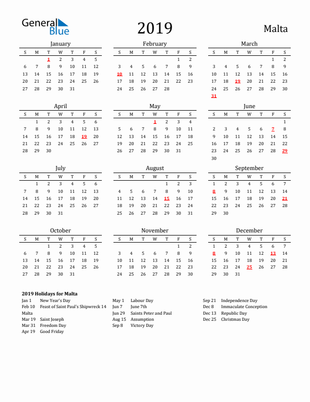 Malta Holidays Calendar for 2019