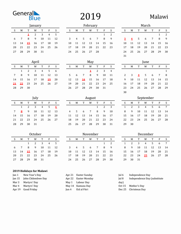 Malawi Holidays Calendar for 2019