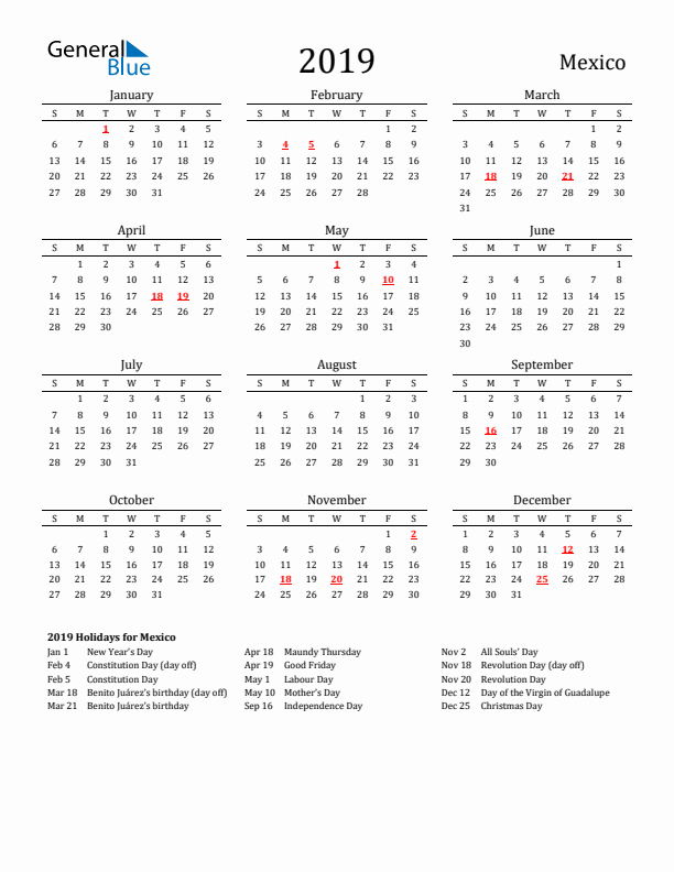 Mexico Holidays Calendar for 2019