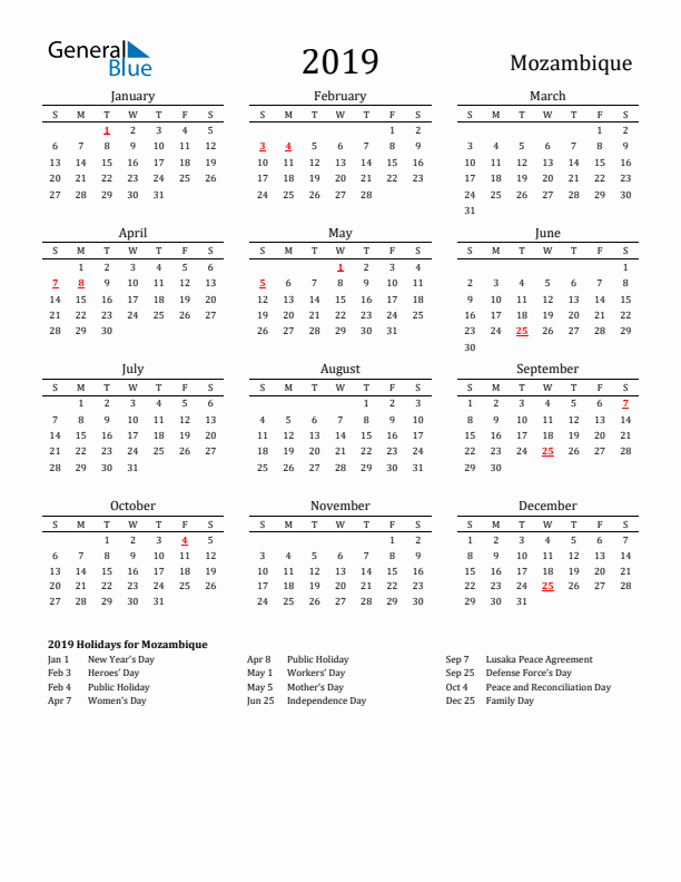 Mozambique Holidays Calendar for 2019