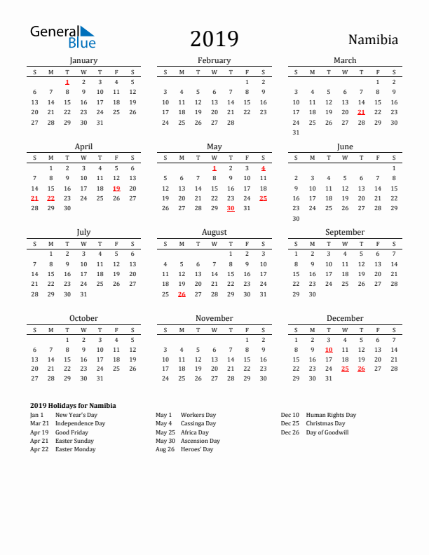 Namibia Holidays Calendar for 2019