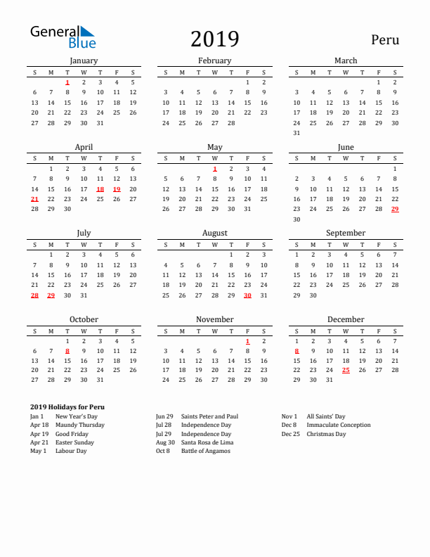 Peru Holidays Calendar for 2019