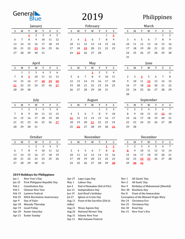 Philippines Holidays Calendar for 2019