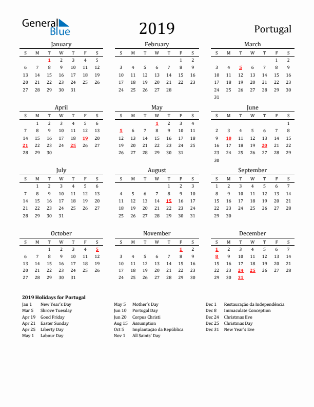 Portugal Holidays Calendar for 2019