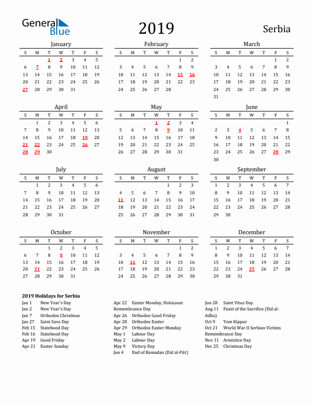 Serbia Holidays Calendar for 2019