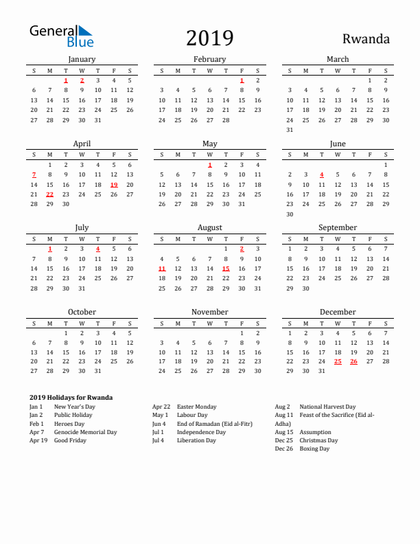 Rwanda Holidays Calendar for 2019