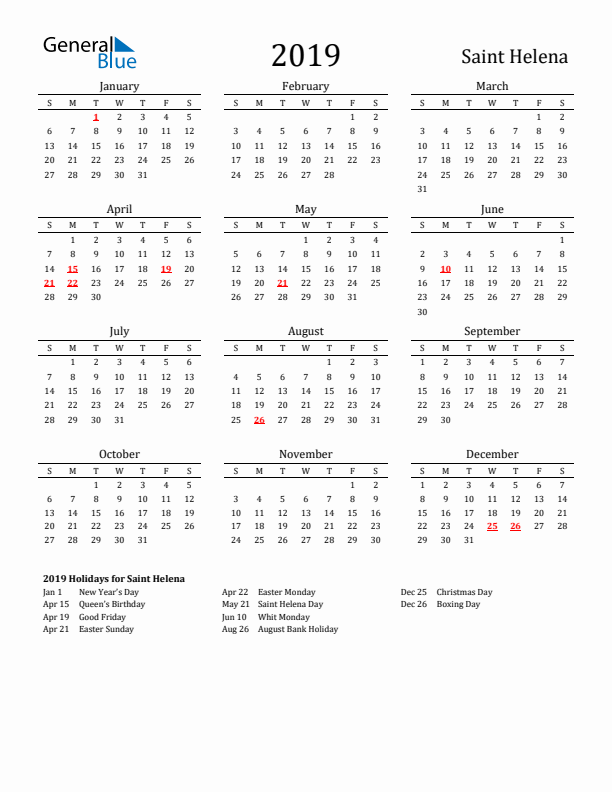 Saint Helena Holidays Calendar for 2019