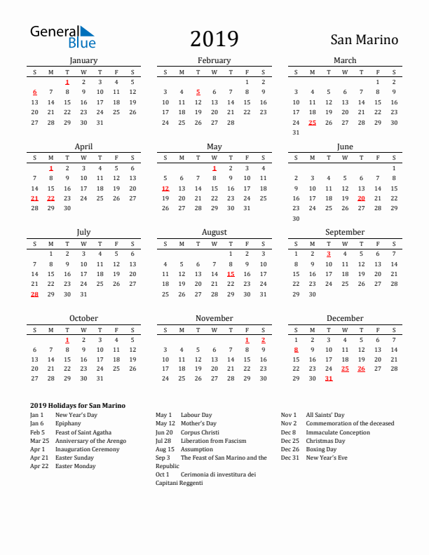 San Marino Holidays Calendar for 2019