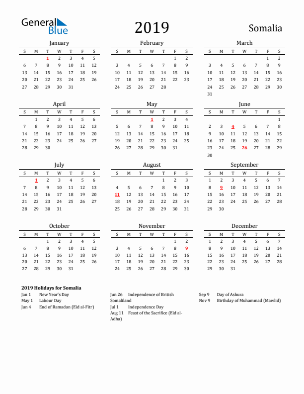 Somalia Holidays Calendar for 2019