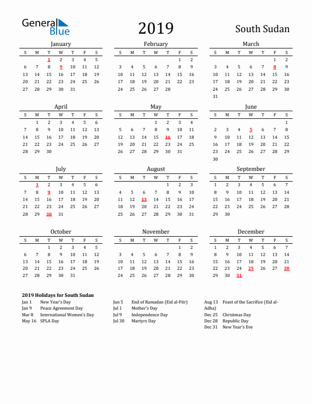 South Sudan Holidays Calendar for 2019
