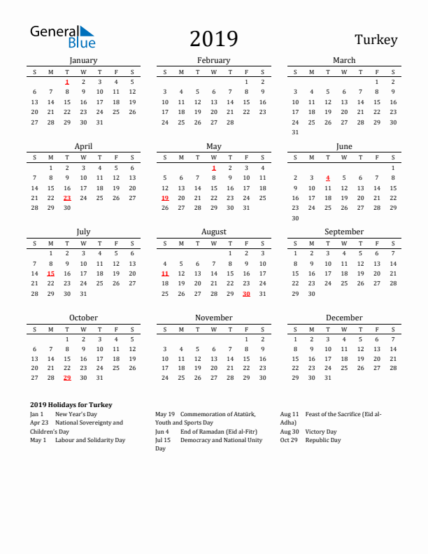 Turkey Holidays Calendar for 2019