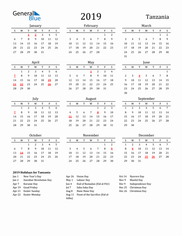 Tanzania Holidays Calendar for 2019