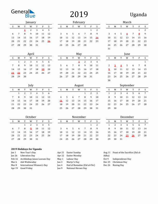 Uganda Holidays Calendar for 2019