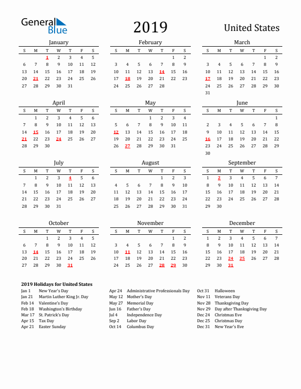 United States Holidays Calendar for 2019
