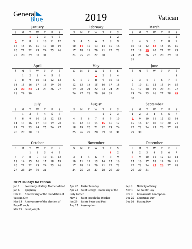 Vatican Holidays Calendar for 2019