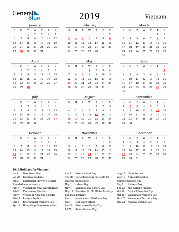 Vietnam Holidays Calendar for 2019
