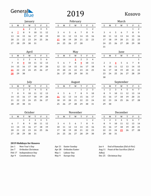 Kosovo Holidays Calendar for 2019