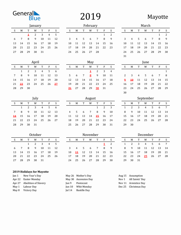 Mayotte Holidays Calendar for 2019